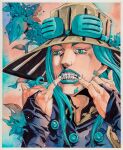  1boy absurdres aqua_eyes aqua_hair aqua_lips araki_hirohiko_(style) beard blue_bridal_gauntlets blue_shirt facial_hair finger_in_own_mouth goggles goggles_on_headwear gyro_zeppeli hat highres jojo_no_kimyou_na_bouken long_hair makeup male_focus official_style painting_(medium) shirt solo steel_ball_run teeth traditional_media watercolor_(medium) xfkart 