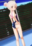  1girl adjusting_clothes adjusting_swimsuit artist_name ass bare_arms bare_legs bare_shoulders black_one-piece_swimsuit blush breasts brown_eyes commentary competition_swimsuit feet_out_of_frame from_behind grey_hair hair_bun hair_up happyundergate highleg highleg_one-piece_swimsuit highres kneepits looking_at_viewer looking_back multicolored_hair one-piece_swimsuit onii-chan_wa_oshimai! oyama_mahiro parted_lips pink_hair pink_one-piece_swimsuit racerback single_hair_bun small_breasts solo standing swimsuit twitter_username two-tone_hair two-tone_swimsuit water_drop 
