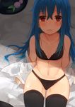  absurdres ass_visible_through_thighs bangs bare_arms bare_shoulders bed_sheet black_bra black_hat black_legwear black_panties blue_hair blush bra collarbone commentary day flat_chest food frown fruit hair_between_eyes hat hat_ornament hat_removed headwear_removed highres hinanawi_tenshi leaf long_hair long_sleeves looking_at_viewer navel niseneko_(mofumofu_ga_ienai) off_shoulder open_mouth panties peach red_eyes sheet_grab shirt signature sitting solo stomach straight_hair sunlight tareme thighhighs touhou underwear underwear_only very_long_hair white_shirt 