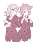  ahoge alternate_costume commentary_request croix_meridies crossdressing formal little_witch_academia monochrome mr.adelie multiple_girls shiny_chariot short_hair suit tuxedo younger 