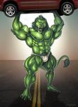  2012 abs angry anthro areola armpits bulge clothed clothing feline hair hulk hulked_out hyper hyper_muscles lion mainlion male mammal marvel muscular muscular_male nipples partially_clothed pubes road solo torn_clothing vehicle vein veiny_muscles 