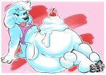 2024 4_toes 5_fingers anthro arm_support backsack backward_arm_support balls big_butt black_pawpads bottomless bottomless_anthro bottomless_male bulluppa butt canid canine canis cherry clothed clothing dairy_products domestic_dog ears_down english_description eyelashes family_guy feet femboy fingers food food_fetish food_on_butt fruit fur genitals hair half-closed_eyes hi_res jasper_(family_guy) lying male mammal narrowed_eyes on_side pawpads pink_background pink_clothing pink_shirt pink_tank_top pink_topwear pivoted_ears plant rear_view shirt simple_background small_tail solo tail tank_top thick_thighs toes tongue tongue_out topwear whipped_cream white_body white_fur white_hair