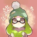  bobblehat brown_eyes commentary_request domino_mask green_hair hood hood_down hoodie inkling lowres mask nana_(raiupika) solo splatoon_(series) tentacle_hair translation_request 