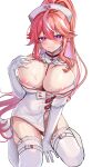  1girl absurdres areola_slip azur_lane between_breasts blush breasts closed_mouth dress earrings elbow_gloves franklin_(azur_lane) franklin_(heart-throbbing_records)_(azur_lane) garter_straps gloves groin hat high_ponytail highres huge_breasts id_card jewelry katsushika_pachi long_hair looking_at_viewer mole mole_on_breast mole_on_groin mole_under_eye multicolored_hair nurse nurse_cap pink_eyes pink_hair ponytail simple_background smile solo streaked_hair sweat thighhighs thighs two-tone_hair white_background white_dress white_garter_straps white_gloves white_hat white_thighhighs 