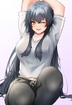  1girl alternate_costume alternate_hairstyle black_hair black_pantyhose black_shorts brown_eyes hair_down highres kantai_collection long_hair one_eye_closed pantyhose pantyhose_under_shorts shirt shorts solo stretching white_shirt yahagi_(kancolle) z_(knkr1025) 