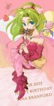  1girl blue_eyes bow cape dated earrings final_fantasy final_fantasy_vi hair_bow happy_birthday high_heels holding holding_wand jewelry kiyoshi_(panap23) looking_at_viewer pantyhose pink_bow pink_cape pink_pantyhose ponytail red_shirt red_shoes shirt shoes sitting terra_branford wand 