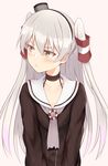  absurdres amatsukaze_(kantai_collection) black_dress blush brown_eyes choker collarbone dress ero_mang-a hair_tubes highres kantai_collection lifebuoy long_hair long_sleeves looking_away pink_background sailor_collar sailor_dress silver_hair simple_background solo two_side_up windsock 