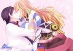  1boy 1girl ahoge belt black_hair blush breasts brown_hair coat dress eyes_closed jude_mathis kiss long_hair milla_maxwell multicolored_hair pants short_hair tales_of_(series) tales_of_xillia tales_of_xillia_2 