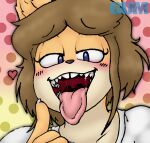 ambiguous_gender anthro artist_name blue_eyes blush bodily_fluids brown_hair canid canine canis digital_drawing_(artwork) digital_media_(artwork) domestic_dog english_description eyebrow_through_hair eyebrows eyelashes female_(lore) fur gum-k hair heart_symbol june_(jinu) looking_at_viewer mammal mouth_shot narrowed_eyes open_mouth open_smile saliva saliva_string shiba_inu smile solo spitz tan_body tan_fur text tongue tongue_out translucent translucent_hair uvula