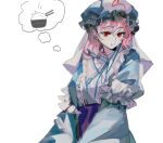  1girl :t blue_dress blue_hat blue_ribbon closed_mouth dress hair_between_eyes hat image_in_thought_bubble long_sleeves medium_hair mob_cap neck_ribbon pink_hair red_eyes ribbon saigyouji_yuyuko simple_background solo speech_bubble thought_bubble touhou upper_body veil white_background xian_qishui 