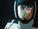  1boy 1girl blue_eyes bodysuit broken_glass broken_helmet commentary_request eyelashes fa_yuiry frown glass gloves gundam hand_on_own_face hand_to_own_mouth hands_up helmet kamille_bidan korean_commentary looking_at_viewer mecha_pilot_suit normal_suit_(gundam) orange_gloves orange_helmet parted_lips portrait pov reflection se8000601 space space_helmet spacesuit split_theme spoilers star_(sky) white_bodysuit zeta_gundam 