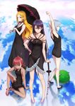  arms_up bare_shoulders black_dress black_hair blonde_hair blue_eyes brown_eyes brown_hair cloud dress forehead_tattoo green_eyes highres long_hair looking_at_viewer mole mole_under_eye multicolored_hair multiple_girls no_socks original parasol pointy_ears puma_(hyuma1219) short_hair silver_hair sitting standing streaked_hair two-tone_hair umbrella 