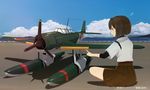  aircraft airplane annin_musou blue_sky bodysuit_under_clothes brown_eyes brown_hair cloud commentary day e16a_zuiun hyuuga_(kantai_collection) japanese_clothes kantai_collection model_airplane mountain ocean propeller seaplane shadow short_hair short_sleeves sitting sitting_on_ground skirt sky smile solo translated 