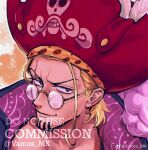  1boy black_eyes blonde_hair closed_mouth commentary_request commission facial_hair glasses goatee hat hat_feather looking_at_viewer male_focus one_piece pirate_hat red_hat short_hair silvers_rayleigh solo vamos_mk 