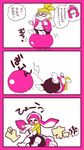  1girl anger_vein balancing ball comic commentary_request domino_mask exercise_ball failure fat glasses inkling mask nana_(raiupika) pink_hair splatoon_(series) tentacle_hair translation_request 