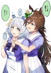  2girls ahoge animal_ears bow bowtie brown_eyes brown_hair commission ear_covers front-to-back grey_hair hat highres hishi_miracle_(umamusume) horse_ears horse_girl horse_tail horseshoe_ornament jichou_senshi long_hair medium_hair mini_hat mini_top_hat mr._c.b._(umamusume) multiple_girls pleated_skirt puffy_short_sleeves puffy_sleeves purple_bow purple_bowtie purple_serafuku purple_shirt sailor_collar sailor_shirt school_uniform serafuku shirt short_sleeves simple_background skeb_commission skirt smile summer_uniform tail top_hat tracen_school_uniform umamusume white_background white_skirt yuri 