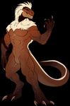  anthro beckoning blackchaos666 blue_eyes brown_skin claws dinosaur flexing fur grin hair invalid_background invalid_tag lizard looking_at_viewer male manly muscular nude pecs piercing reptile scalie smile smug solo standing teeth vance white_fur 