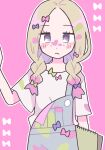  1girl alternate_hairstyle blonde_hair blue_bow blush blush_stickers bow braid closed_mouth eyelashes green_bow hair_bow highres holding holding_sketchbook long_hair mina_(pokemon) outline overalls paint_in_hair paint_on_clothes pink_background pink_bow pokemon pokemon_lgpe purple_eyes remoooon shirt short_sleeves simple_background sketchbook solo twin_braids white_outline white_shirt 