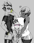  1boy 2girls :&lt; bisexual_(female) breasts cropped_legs crown eigaka fangs fingerless_gloves gloves hand_on_hip headphones heart heart-shaped_pupils hime_(splatoon) hood hoodie inkling jewelry large_breasts laughing looking_at_another looking_at_viewer looking_down monochrome multiple_girls necklace open_mouth pointy_ears sandwiched shirt short_hair shorts shorts_under_shorts shorts_under_skirt size_difference skirt sleeveless smile splatoon splatoon_(series) splatoon_2 splatoon_2:_octo_expansion spot_color standing sweat symbol-shaped_pupils tentacle_hair undershirt 