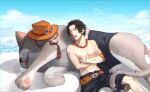  1boy animal belt black_shorts blue_sky bracelet closed_eyes elbow_pads freckles highres jewelry kazuto_(kazu_one_a) log_pose monkey_d._luffy necklace ocean one_piece pearl_necklace portgas_d._ace shorts single_elbow_pad sky sleeping speech_bubble thought_bubble topless_male 