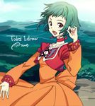  1girl breasts brown_eyes choker dress farah_oersted green_hair open_mouth short_hair tales_of_(series) tales_of_eternia 