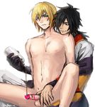  2boys blonde_hair blue_eyes blush chocolate dash10 eizen_(tales) erection male_focus multiple_boys naughty_face nude penis penis_grab sitting tagme tales_of_(series) tales_of_berseria testicles yaoi 