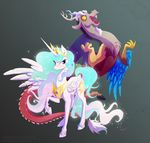  2014 discord_(mlp) draconequus duo equine feathered_wings feathers female feral friendship_is_magic horn male mammal membranous_wings my_little_pony princess_celestia_(mlp) stepandy winged_unicorn wings 