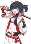  1girl black_hair black_survival breasts commentary_request eternal_return:_black_survival gloves highres hisui_(black_survival) holding holding_sword holding_weapon jacket katana long_sleeves looking_at_viewer medium_breasts multicolored_hair navel open_mouth pink_hair purple_eyes red_gloves sharp_teeth simple_background solo sumiyao_(amam) sword teeth two-tone_hair weapon white_background white_jacket 