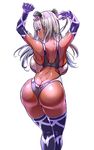  2t_(tanakatakuto) absurdres arms_up ass backboob bangs blunt_bangs blush breasts butt_crack character_request dark_skin elbow_gloves gloves highres horns large_breasts long_hair looking_back one-piece_swimsuit one-piece_thong purple_gloves purple_legwear silver_hair simple_background solo swimsuit thighhighs white_background yellow_eyes 