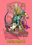  1boy aqua_helmet aqua_sweater argyle_clothes argyle_sweater blonde_hair boots brown_boots building character_name cowboy_boots cracked_skin diego_brando dinosaur dinosaur_tail english_text full_body gloves jojo_no_kimyou_na_bouken long_sleeves male_focus pants patch pink_background scary_monsters_(stand) sharp_teeth solo spurs stained_glass stand_(jojo) star_(symbol) statue_of_liberty steel_ball_run sweater tail tanaka_kaori teeth tongue turtleneck turtleneck_sweater union_jack yellow_eyes yellow_gloves yellow_pants 