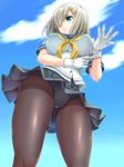  adjusting_clothes adjusting_gloves ass blue_eyes blue_panties blue_skirt blush breasts closed_mouth cloud day from_below gloves grey_legwear gusset hair_ornament hair_over_one_eye hairclip hamakaze_(kantai_collection) highres kantai_collection large_breasts neckerchief panties panties_under_pantyhose pantyhose pantyshot pantyshot_(standing) pleated_skirt school_uniform serafuku short_hair short_sleeves silver_hair skirt sky solo standing underbust underwear urase_shioji white_gloves yellow_neckwear 