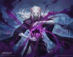 ambiguous_gender anthro asian_clothing biped black_clothing black_magic blue_background braided_hair christina_kraus clothing copyright_symbol east_asian_clothing feral fur hair hasbro japanese_clothing logo looking_at_viewer magic magic:_the_gathering official_art pagoda purple_magic quadruped red_eyes simple_background size_difference solo symbol website white_body white_fur white_hair wizards_of_the_coast