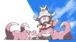  arm_behind_back blacknirrow blue_background closed_mouth evolutionary_line fangs highres no_humans open_mouth outline pokemon pokemon_(creature) pokemon_focus simple_background slowking slowpoke smile snowing standing two-tone_background white_background white_outline 