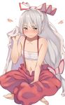  :t bangs bare_arms bare_shoulders barefoot blush bow collarbone fire fujiwara_no_mokou hair_bow indian_style long_hair looking_at_viewer pants pout sarashi silver_eyes silver_hair simple_background sitting solo suspenders touhou very_long_hair white_background zuttokodomo 