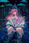  1girl blue_kimono closed_mouth cowboy_shot exposed_bone expressionless frilled_sleeves frills highres japanese_clothes kimono long_hair long_sleeves looking_at_viewer own_hands_together pink_eyes pink_hair ribs saigyouji_yuyuko skeletal_hand solo touhou triangular_headpiece wide_sleeves xian_qishui 