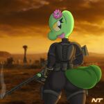 2_tails anthro armor assassin bubble_butt butt city city_background clothing desert eyelashes fallout fan_character female fern_shinamori generation_3_pokemon green_body gun head_flower hi_res holding_gun holding_object holding_ranged_weapon holding_weapon looking_at_viewer looking_back microsoft multi_tail new_vegas ninjatreecko nintendo outside pip-boy pokemon pokemon_(species) pokemorph pouches ranged_weapon rear_view reptile rifle scalie smoke smoking_gun sniper_rifle solo standing stealth_suit suit tail treecko weapon wide_hipped_female wide_hips yellow_eyes