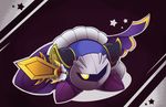  ambiguous_gender armor black_background blue_body boots cape clothing footwear galaxia kirby_(series) mask meta_knight nintendo pauldron simple_background solo star theakanemnon video_games waddling_head white_background yellow_eyes 