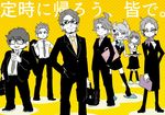  4boys ahoge beard belt business_casual business_suit commentary_request dress_shirt facial_hair formal glasses jacket messy_hair multiple_boys multiple_girls nana_(raiupika) necktie original pants scarf shirt suit sweater tareme translation_request tray tsurime 