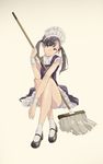  black_eyes black_hair broom commentary convenient_leg holding maid maid_headdress mary_janes original popman3580 shoes simple_background sitting sleeveless socks twintails white_legwear wrist_cuffs 