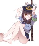  1girl barefoot black_survival blue_hat blue_shirt braid breasts brown_hair eternal_return:_black_survival glasses hat highres large_breasts legs looking_at_viewer official_alternate_costume police police_uniform policewoman restrained round_eyewear shirt simple_background solo sumiyao_(amam) suzuki_aya suzuki_aya_(on-duty) thighs toes twin_braids white_background 