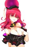  bangs bare_shoulders black_shirt breasts chain cleavage clothes_writing collar collarbone commentary gold_chain hair_between_eyes hecatia_lapislazuli highres large_breasts long_hair looking_at_viewer off-shoulder_shirt parted_lips pointy_ears polos_crown pulled_by_self raptor7 red_eyes red_hair shirt shirt_pull sidelocks smile solo t-shirt touhou upper_body 