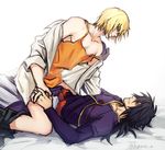  2boys blonde_hair blue_eyes dash10 eizen_(tales) lying male_focus multiple_boys naughty_face sitting_on_person tagme tales_of_(series) tales_of_berseria undressing yaoi 