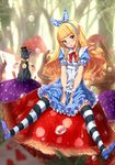  alice_(wonderland) alice_in_wonderland animal apron arms_between_legs black_hat blonde_hair blue_dress blue_eyes blue_hairband blush bow bowtie cat dress eyebrows_visible_through_hair forest full_body hair_bow hairband hat head_tilt highres kazeno long_hair looking_at_viewer nature open_mouth outdoors polka_dot polka_dot_bow red_bow red_neckwear short_sleeves sitting solo striped striped_legwear thighhighs tree very_long_hair water 