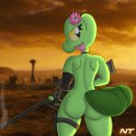 2_tails anthro arm_warmers armwear bubble_butt butt city city_background clothing desert eyelashes fallout fan_character female fern_shinamori generation_3_pokemon green_body gun head_flower hi_res holding_gun holding_object holding_ranged_weapon holding_weapon jewelry looking_at_viewer looking_back microsoft multi_tail necklace new_vegas ninjatreecko nintendo nude nude_anthro nude_female outside pip-boy pokemon pokemon_(species) pokemorph ranged_weapon rear_view reptile rifle scalie smoke smoking_gun sniper_rifle solo standing tail thigh_pouch treecko weapon wide_hipped_female wide_hips yellow_eyes