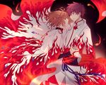  1boy 1girl card_captor_sakura corokuro hug japanese_clothes jewelry kinomoto_sakura sakura_hime tsubasa_chronicle wings xiaolang 