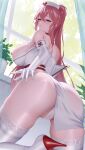  1girl absurdres ass azur_lane back bb._ex blush breasts clipboard closed_mouth commentary_request curtains day elbow_gloves franklin_(azur_lane) franklin_(heart-throbbing_records)_(azur_lane) from_below gloves hair_between_eyes hat heart heart_print high_heels high_ponytail highres holding holding_clipboard huge_ass huge_breasts long_hair median_furrow mole mole_under_mouth nurse_cap panties pelvic_curtain pink_eyes pink_hair pink_lips plant ponytail red_shoes shoes shoulder_blades solo sweat thick_thighs thighhighs thighs underwear white_gloves white_hat white_panties white_thighhighs 