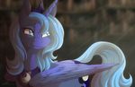  2014 blue_eyes blue_feathers blue_fur blue_hair crown cutie_mark dennyvixen equine feathered_wings feathers female feral friendship_is_magic fur glowing hair horn jewelry mammal my_little_pony necklace princess_luna_(mlp) shaded signature solo standing winged_unicorn wings 