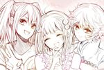  3boys ahoge bare_shoulders blush breasts choker cleavage earrings eyes_closed frills gloves hair_ornament harold_berselius long_hair monochrome multiple_boys nanaly_fletch reala short_hair smile tales_of_(series) tales_of_destiny_2 twintails v 