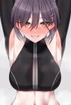  1girl armpits black_hair blush breasts hair_between_eyes highres katsuragi_izumi large_breasts link!_like!_love_live! looking_at_viewer love_live! nasuno_(nasuno42) navel short_hair solo sweat upper_body 