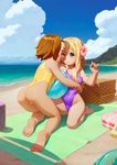  alkemanubis ball barefoot beach beachball blonde_hair blue_eyes brown_eyes brown_hair cloud covered_navel day flower hair_flower hair_ornament highleg highleg_swimsuit highres k-on! kneeling kotobuki_tsumugi long_hair multiple_girls one-piece_swimsuit one-piece_thong one_eye_closed outdoors sand short_hair swimsuit tainaka_ritsu water 